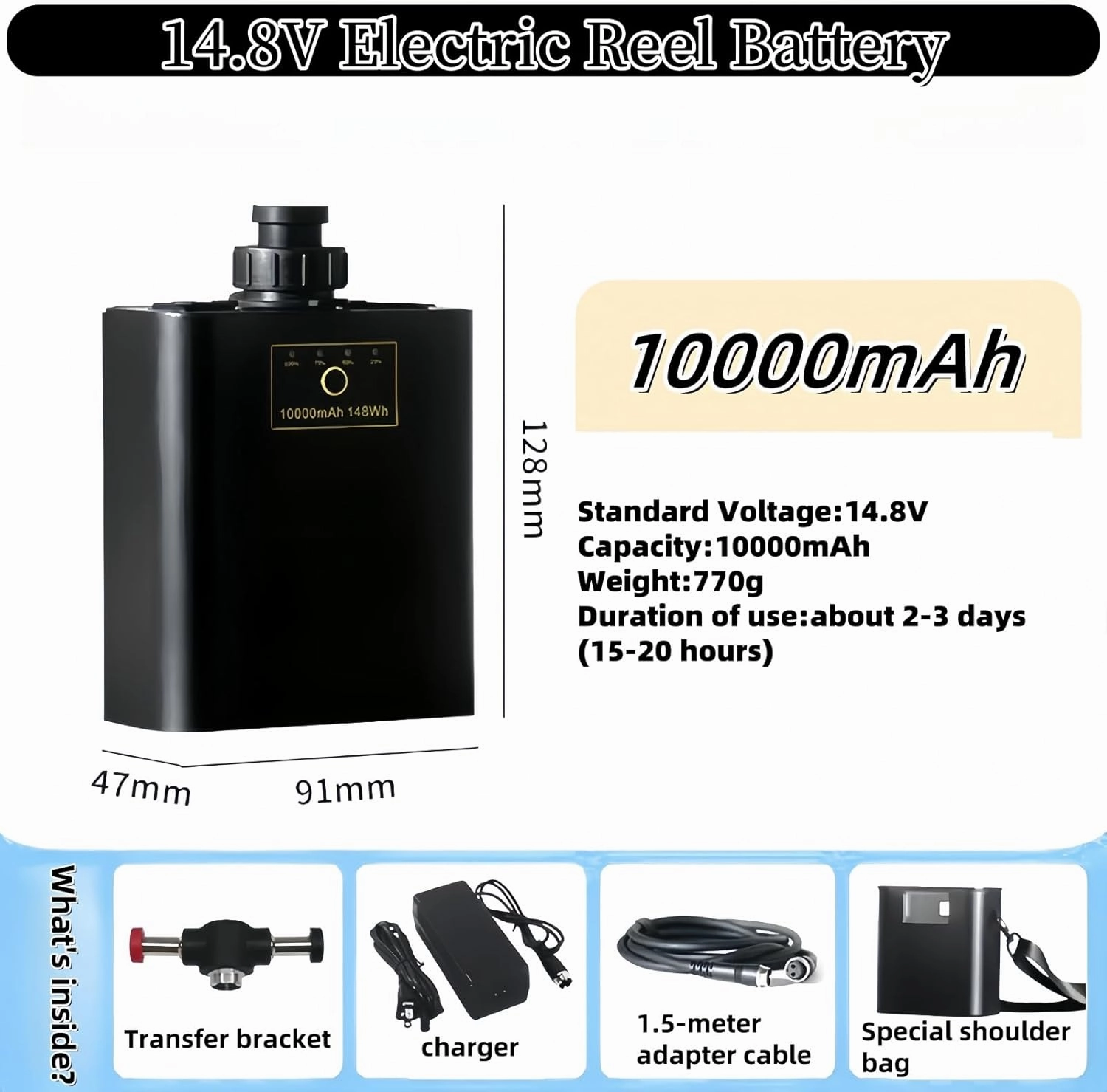 Mini 14.8V 10000mAh Motorized Reel Battery,Aluminum Alloy Rustproof,with 4.92FT 2 Pin Plug Cord Compatible with Daiwa,Shimano & 14.8V Reels