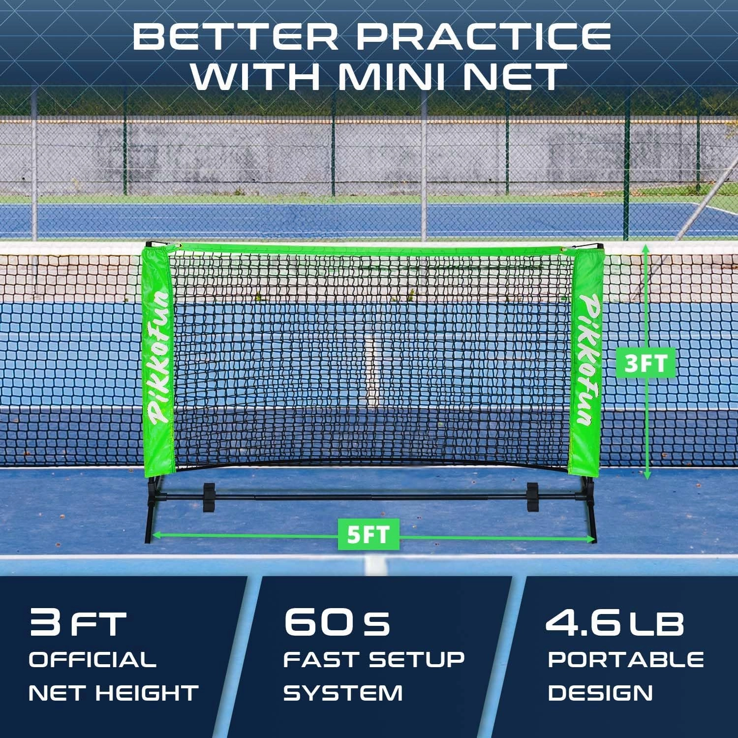 Mini Pickleball Net 5 ft - Pickleball Dink Net for Training for Indoor and Outdoor, Regulation Height 3 ft., Quick Set Up Design, Lightweight and Durable