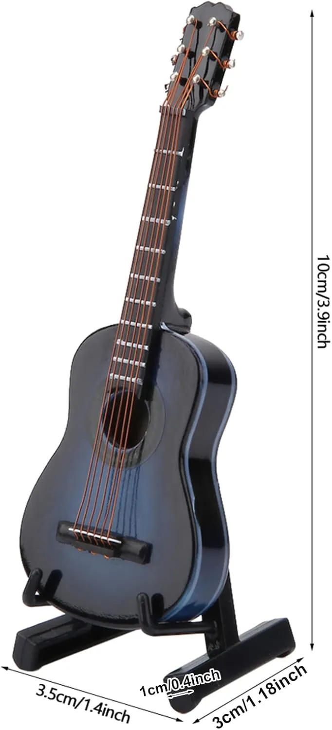 Miniature Wooden Guitar Model Decor, Musical Instrument Ornaments Craft, Home Decoration with Stand and Case (Blue, 10cm)