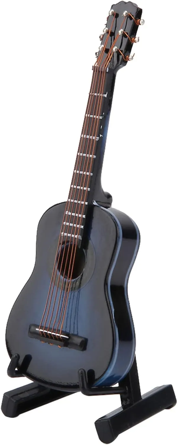 Miniature Wooden Guitar Model Decor, Musical Instrument Ornaments Craft, Home Decoration with Stand and Case (Blue, 10cm)