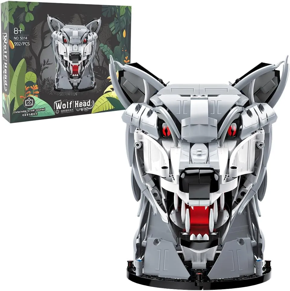 MISINI 5014 Wolf Head Building Blocks Set, 992 PCS MOC Creative Animal Model Decoration Building Blocks Toy, Wall Art and Crafts Holiday Gift for Teens and Adults