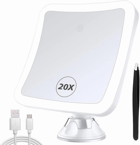 MIYADIVA 20X Magnifying Mirror with Light, Lighted Makeup Mirror with Magnification,180 Rotation Vanity Mirror, Magnifying Mirror Suction Cup, Rechargeable Travel Mirror