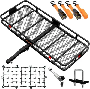 Mockins 60"x24"x6" Heavy Duty Trailer Hitch Cargo Carrier with 500 Lbs. Capacity | Great for Camping, Road Trips, Moving & More | Hauling Set Includes Straps, Net, Lock & Stabilizer
