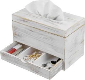 Modern Clear Acrylic Facial Tissue Dispenser Holder with Pull-Out Drawer for Makeup Cosmetics and Accessories, Vanity Countertop Bathroom Supplies Caddy (White Wood)