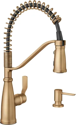 Moen Nolia Bronzed Gold One-Handle Pre-Rinse Spring Kitchen Faucet with Pull Down Sprayer, Single Hole Kitchen Sink Faucet with Soap Dispenser, 87886BZG
