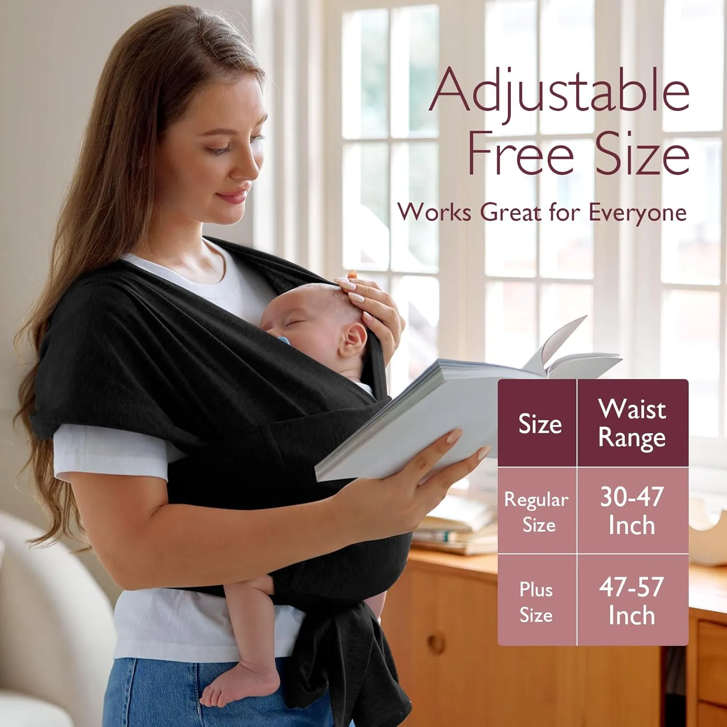 Momcozy Baby Wrap Carrier Skin-Friendly Fabric, Easy to Wear Baby Carrier Sling T-Shirt Design, Hands Free Baby Carriers Newborn to Toddler 8-35lbs, Adjustable Buckle Suit for Waist Waist 47-57, Black