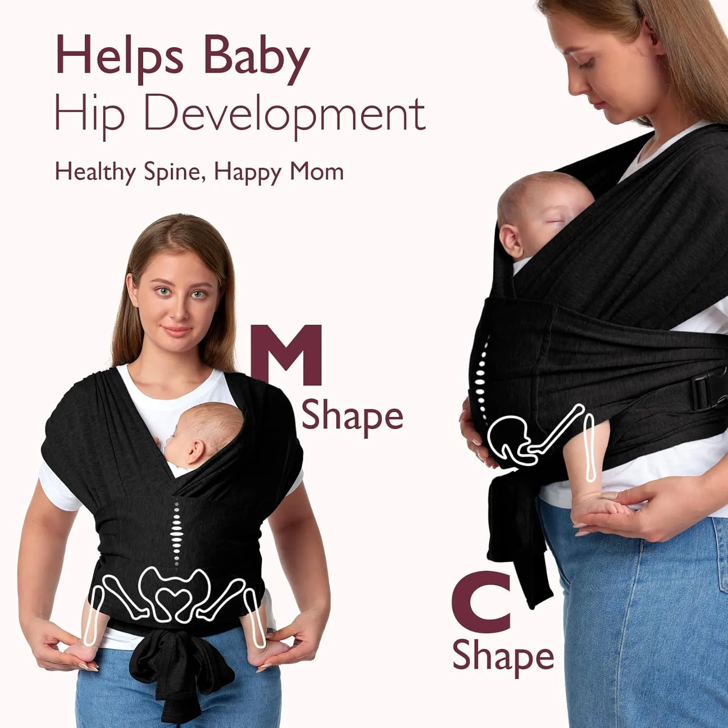 Momcozy Baby Wrap Carrier Skin-Friendly Fabric, Easy to Wear Baby Carrier Sling T-Shirt Design, Hands Free Baby Carriers Newborn to Toddler 8-35lbs, Adjustable Buckle Suit for Waist Waist 47-57, Black