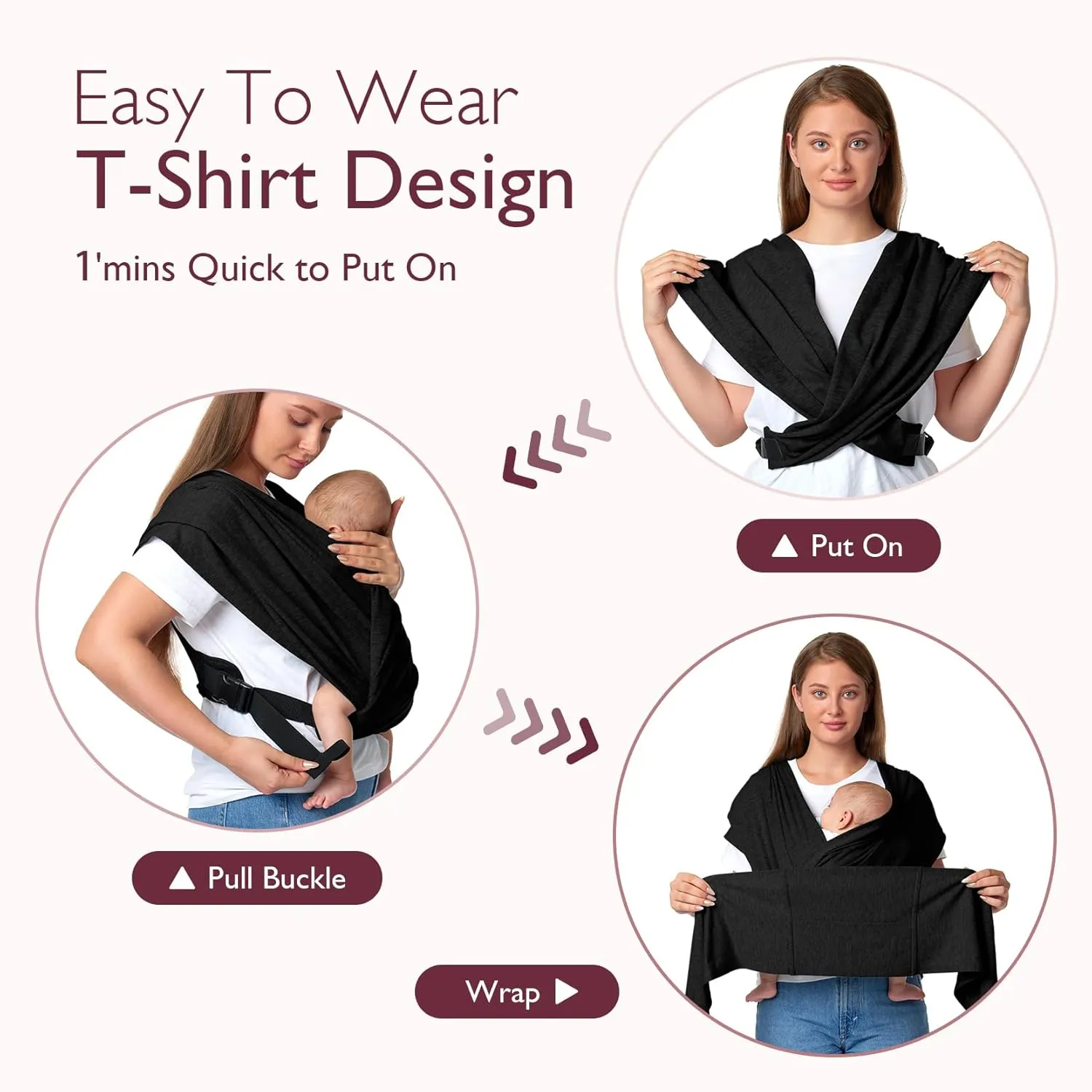 Momcozy Baby Wrap Carrier Skin-Friendly Fabric, Easy to Wear Baby Carrier Sling T-Shirt Design, Hands Free Baby Carriers Newborn to Toddler 8-35lbs, Adjustable Buckle Suit for Waist Waist 47-57, Black