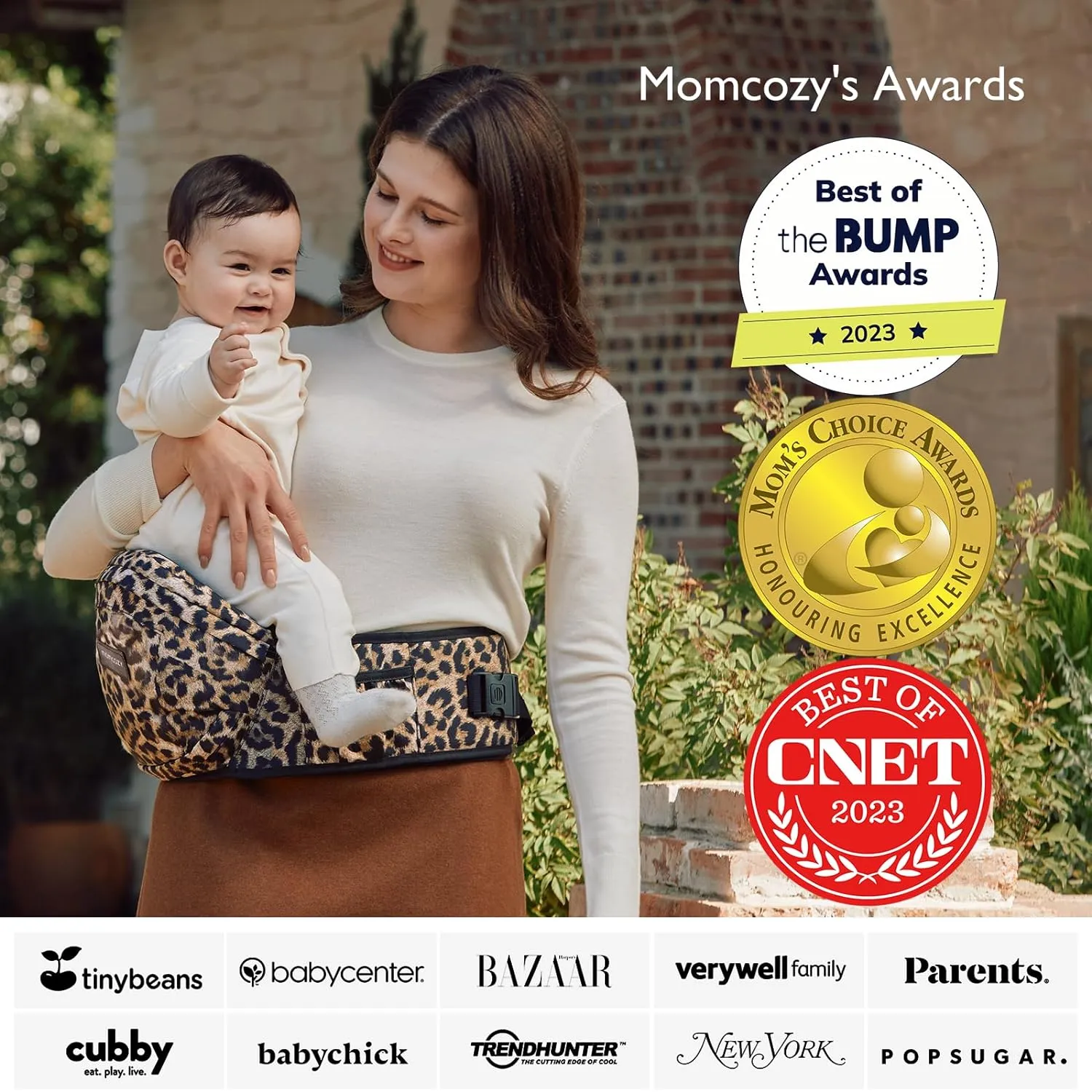 Momcozy Hip Seat Baby Carrier - Adjustable Waistband with Original 3D Belly Protector, Ergonomic Carrier with Various Pockets for Newborns & Toddlers up to 45lbs (Leopard, Large)