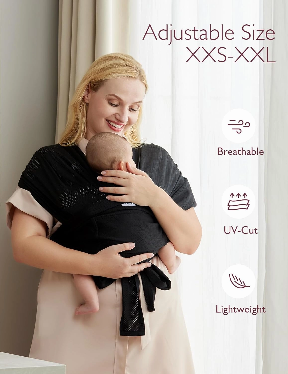 Momcozy Baby Carrier AirMesh - The Perfect Summer Sling for Newborns to Toddler 8-35 lbs - Cooling Fabric Baby Wrap, Hands Free, Lightweight and Ergonomic, Black