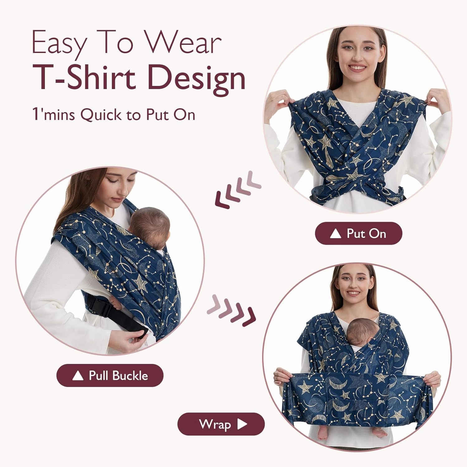 Momcozy Baby Wrap Carrier Skin-Friendly Fabric, Easy to Wear Baby Sling T-Shirt Design, Hands Free Baby Carriers Newborn to Toddler 8-35lbs, Adjustable Buckle Suit for Waist 27-47inch, Starry Sky