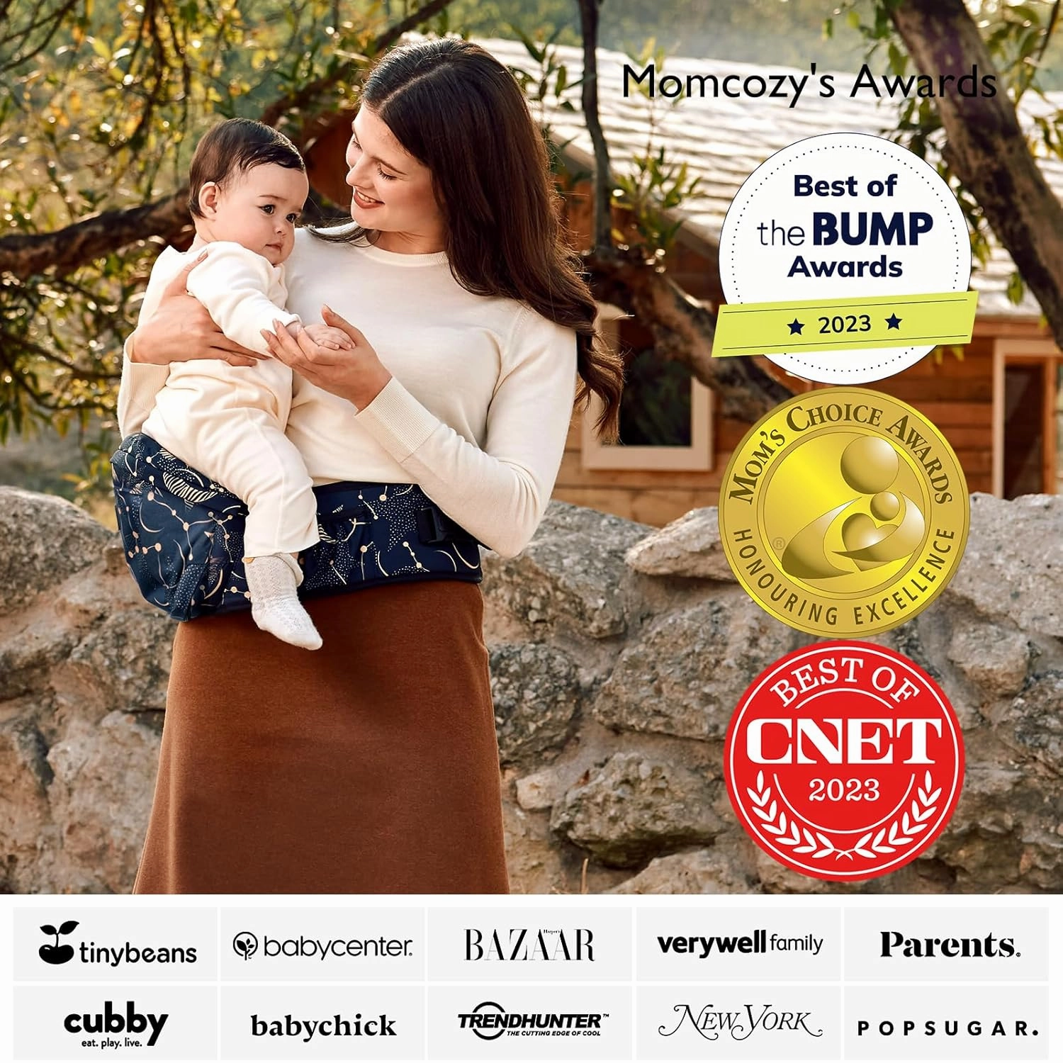 Momcozy Hip Seat Baby Carrier - Adjustable Waistband with Original 3D Belly Protector, Ergonomic Carrier with Various Pockets for Newborns & Toddlers up to 45lbs (Starry Sky, Medium)