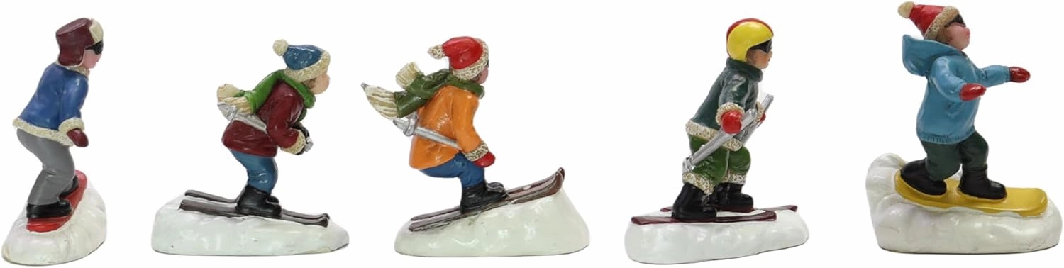 MOMENTS IN TIME Set of 5 Hand-Painted Polyresin Christmas Village Skiing Figures