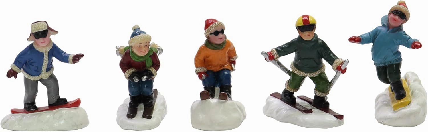 MOMENTS IN TIME Set of 5 Hand-Painted Polyresin Christmas Village Skiing Figures
