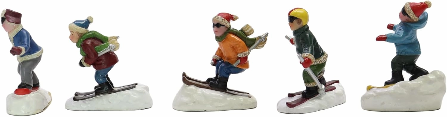 MOMENTS IN TIME Set of 5 Hand-Painted Polyresin Christmas Village Skiing Figures
