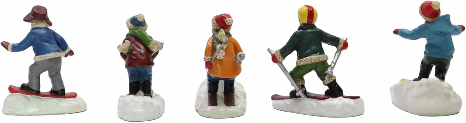MOMENTS IN TIME Set of 5 Hand-Painted Polyresin Christmas Village Skiing Figures