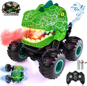 Monster RC Car - Dinosaur 360° Rotating Stunt Car with Spray, Lights & Sound, 2.4GHz All Terrain Truck, Remote Control Toys for Age 4-7, Gifts for Kids 3-12