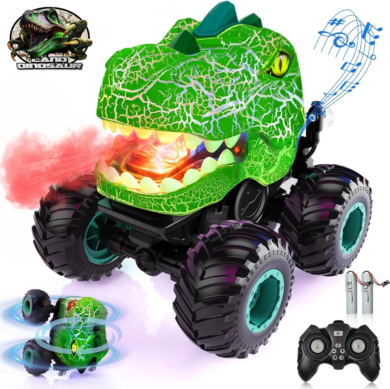 Monster RC Car - Dinosaur 360° Rotating Stunt Car with Spray, Lights & Sound, 2.4GHz All Terrain Truck, Remote Control Toys for Age 4-7, Gifts for Kids 3-12
