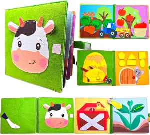 Montessori Quiet Book for Toddlers 1-3 - Farm Harvest Felt Busy Book with Interactive Scenes Travel Activity Book for Early Learning(Green Cow)
