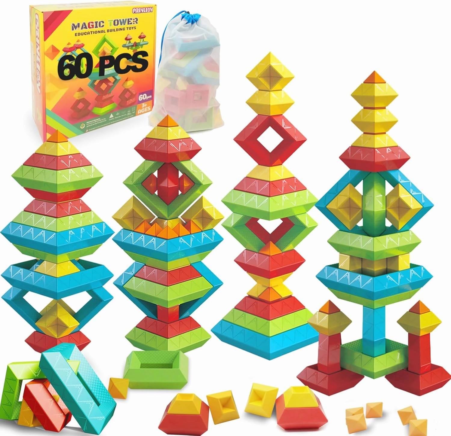 Montessori Toddler Toys for Ages 2-4, 60 PCS Stacking Building Toys Blocks Kids Sensory Toys for Toddlers 1-3 3-5, Preschool Learning Activities Stem Educational Pyramid Gifts for Boys Girls
