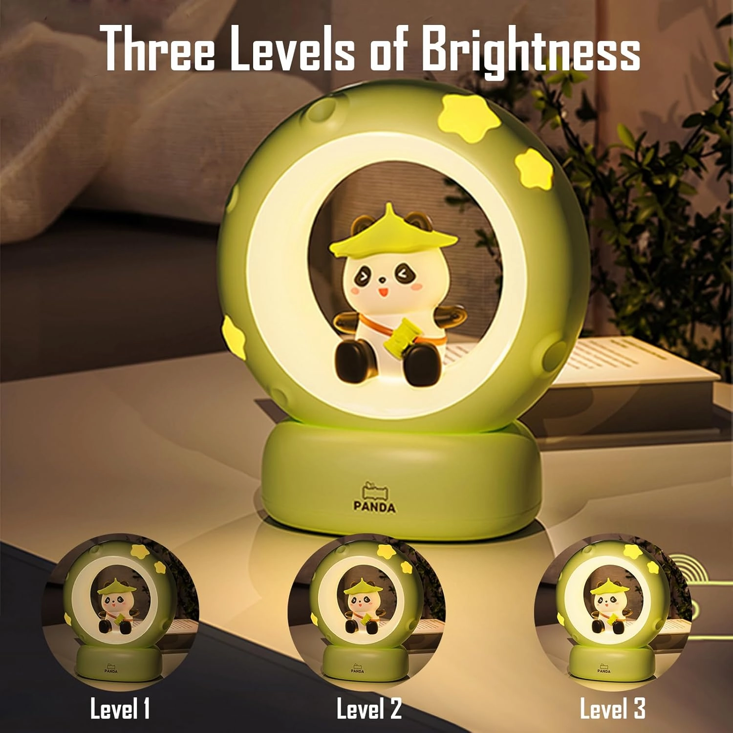Moon and Panda Rechargeable Night Light, Safe PVC and ABS Material, 3 Brightness Levels, Tap Control, Warm Light, Toddler Sleeping Lamp, Bedroom Night Lamp, Gift for Baby and Kid (Moon and Panda)