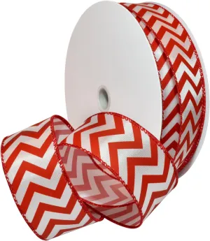 Morex Ribbon Wired Peppermint Chevron Polyester Ribbon, 1-1/2"/50 yd, Red/White