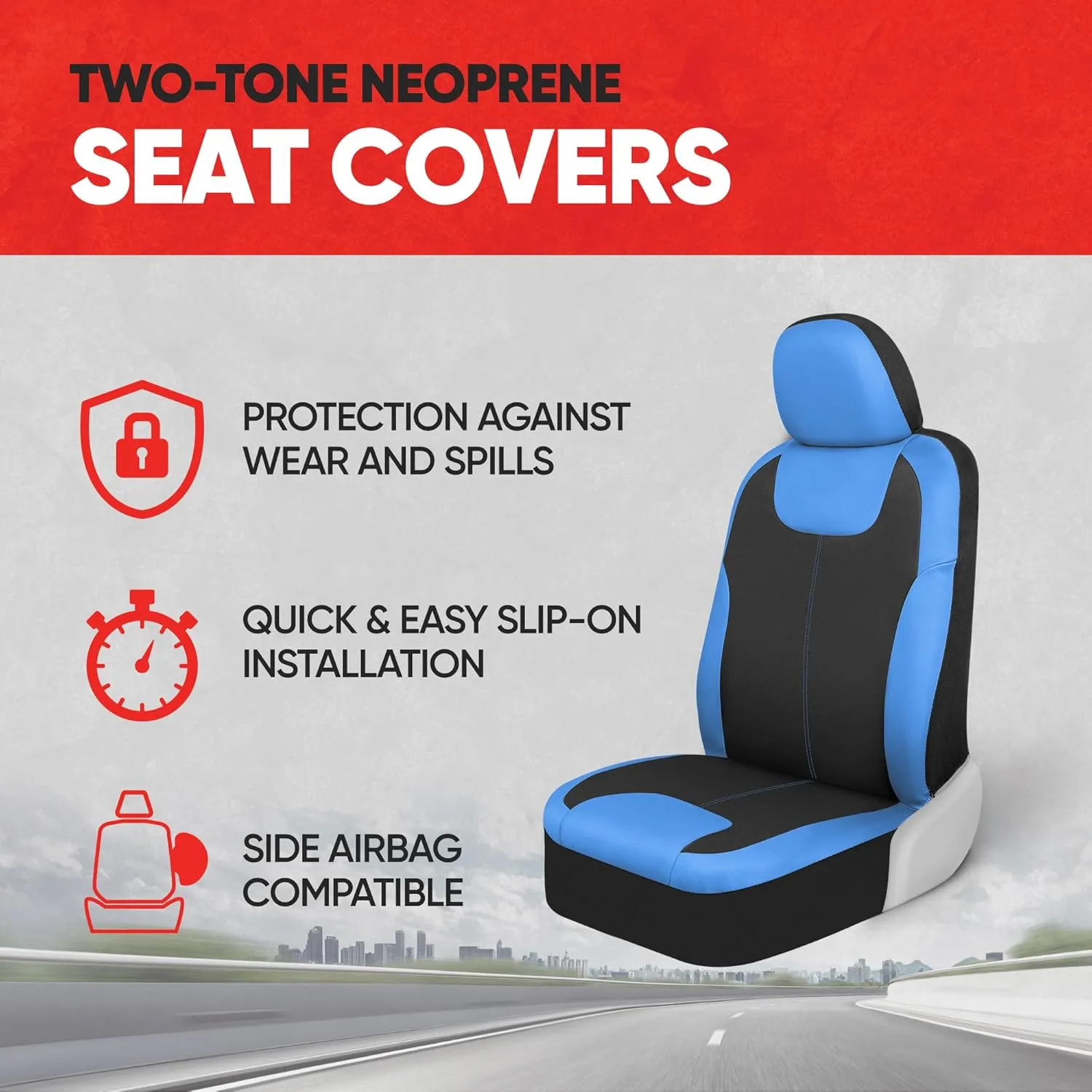 Motor Trend Blue/Black Waterproof Seat Covers for Front Seats – Premium Neoprene Blue Seat Covers, Car Seat Protectors with Removable Headrest, Interior Covers for Auto Truck Van SUV Seat Protection