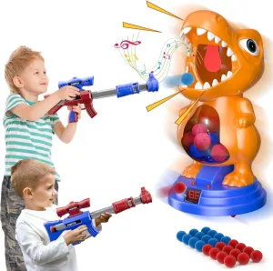 Movable Dinosaur Shooting Toys for Kids 5-7 with 2 Air Pump Gun, Target Shooting Games with LED Score Record, Light & Sound, 24 Foam Balls Competition Game Gift for Boys and Girls 3-5  Years