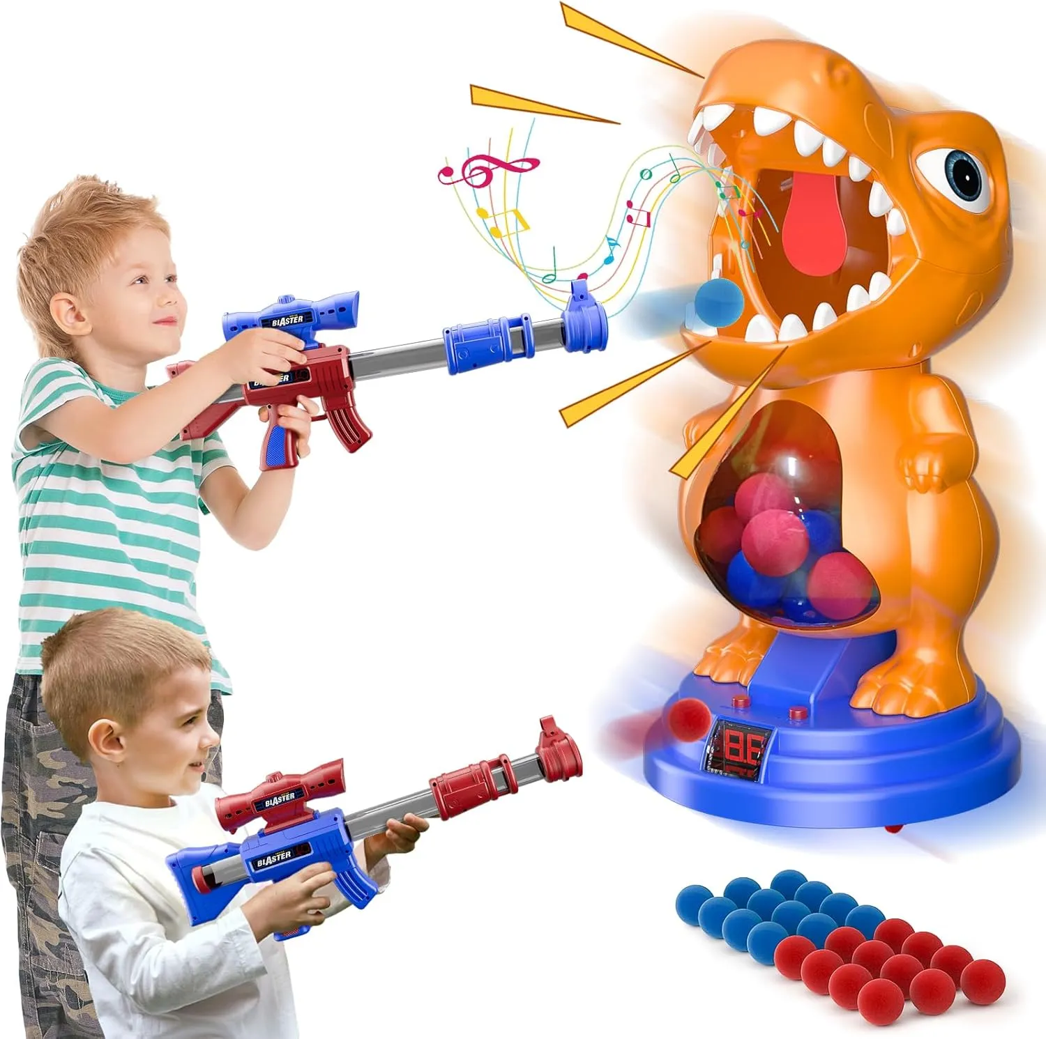 Movable Dinosaur Shooting Toys for Kids 5-7 with 2 Air Pump Gun, Target Shooting Games with LED Score Record, Light & Sound, 24 Foam Balls Competition Game Gift for Boys and Girls 3-5  Years