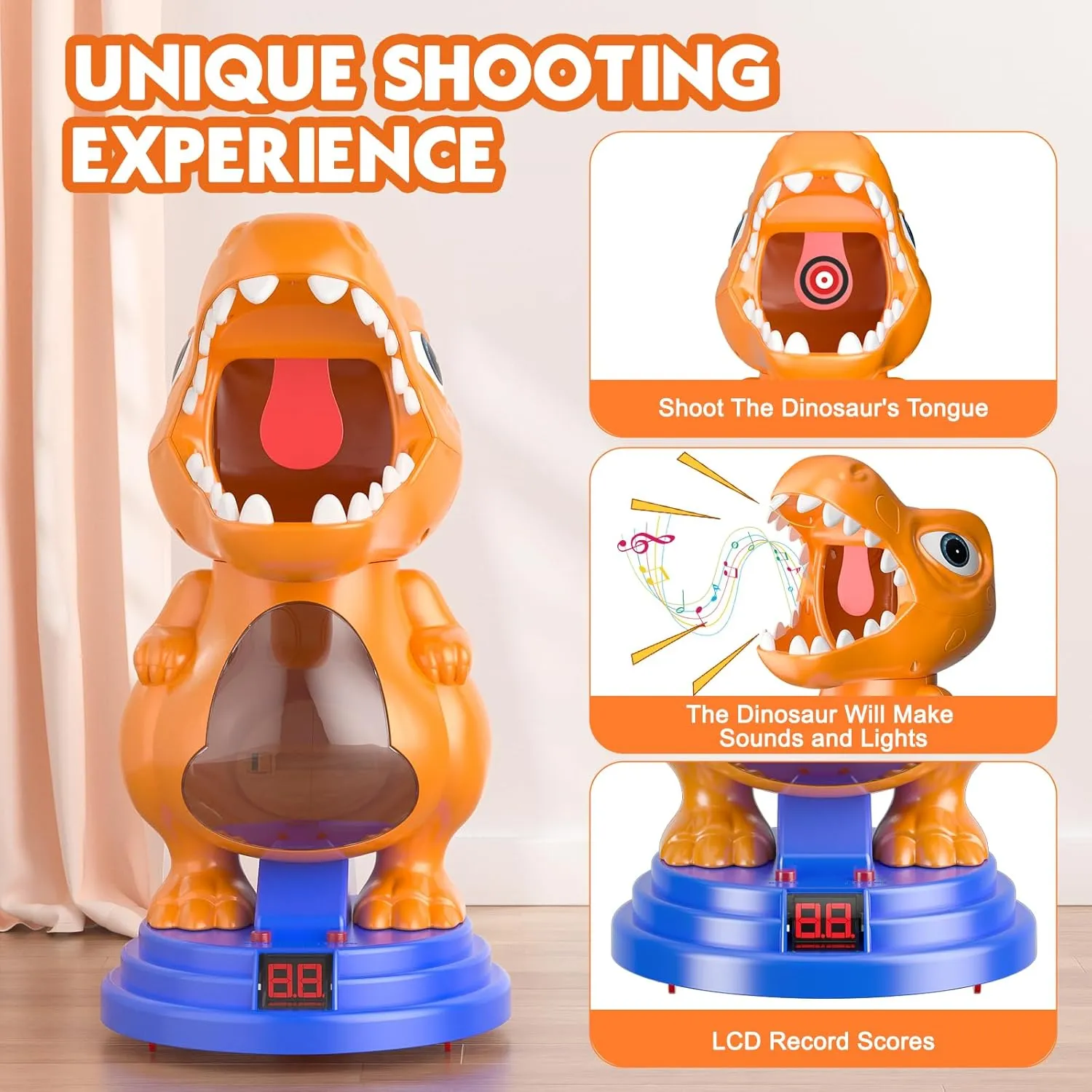 Movable Dinosaur Shooting Toys for Kids 5-7 with 2 Air Pump Gun, Target Shooting Games with LED Score Record, Light & Sound, 24 Foam Balls Competition Game Gift for Boys and Girls 3-5  Years