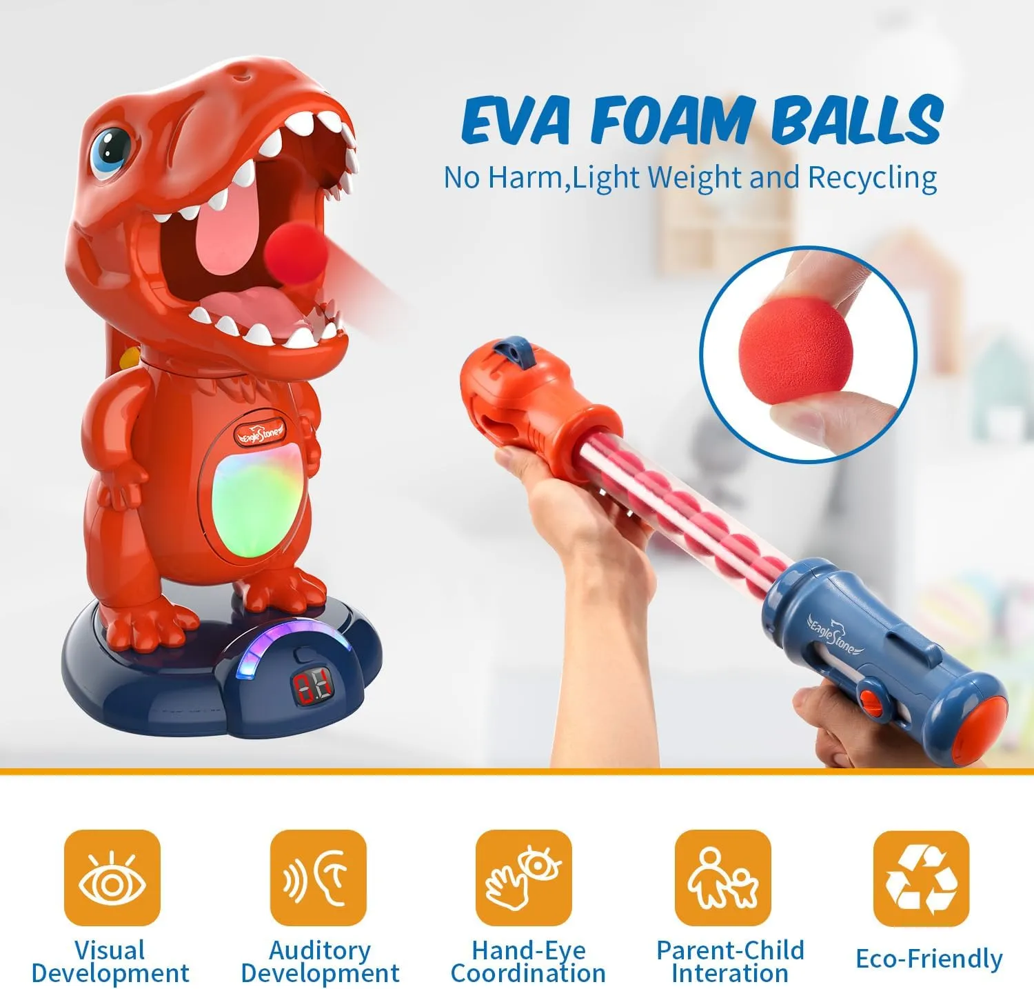 Movable Dinosaur Shooting Toys for Kids Games with 2 Air Pump Gun, Party Toys with Score Record, LED & Sound, 48 Foam Balls Electronic Target Practice Gift for Boys and Girls