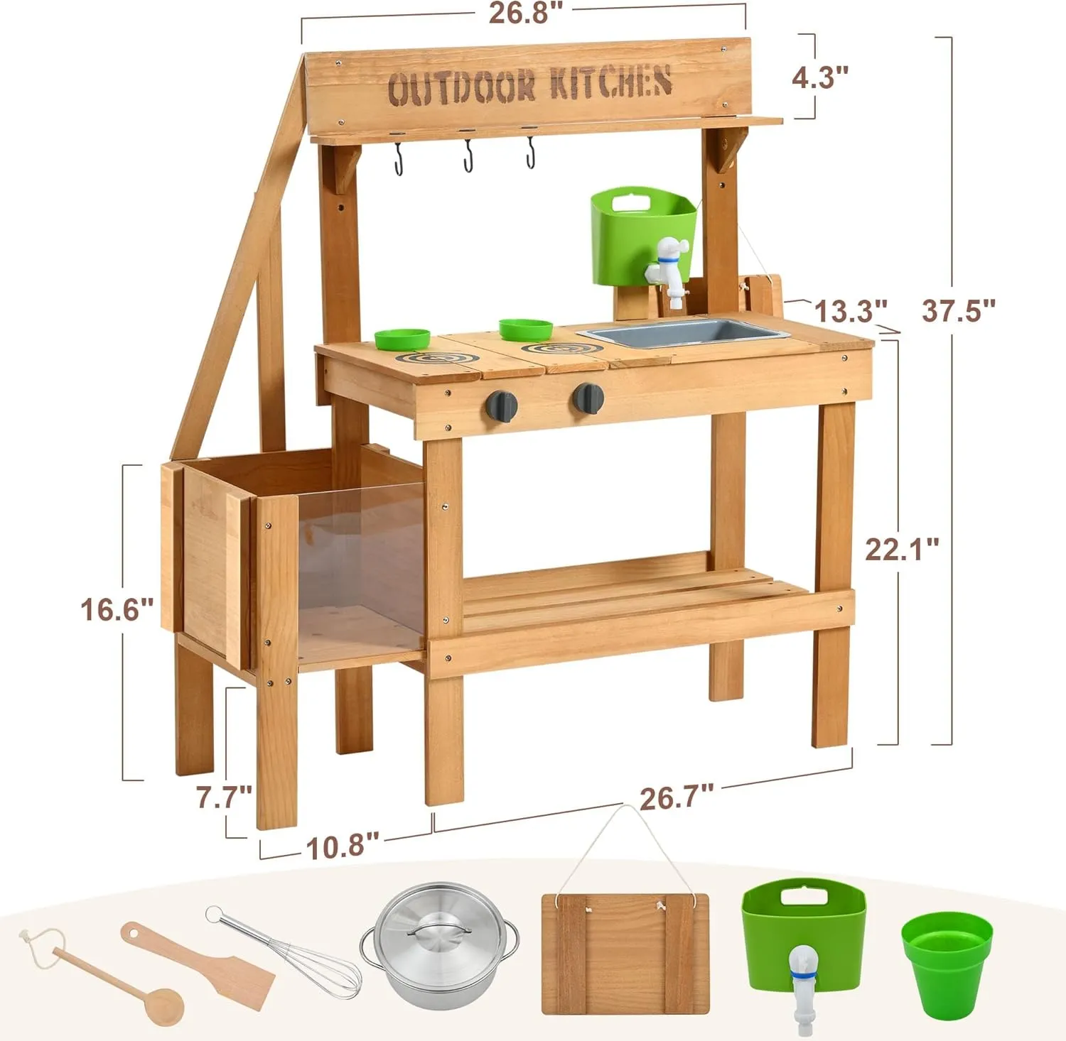 Mud Kitchen for Kids Outdoor, Wood Play Kitchen with Planter Box, Toddler Sink, Faucet, Blackboard, Water Cup and Accessories