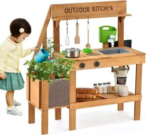 Mud Kitchen for Kids Outdoor, Wood Play Kitchen with Planter Box, Toddler Sink, Faucet, Blackboard, Water Cup and Accessories