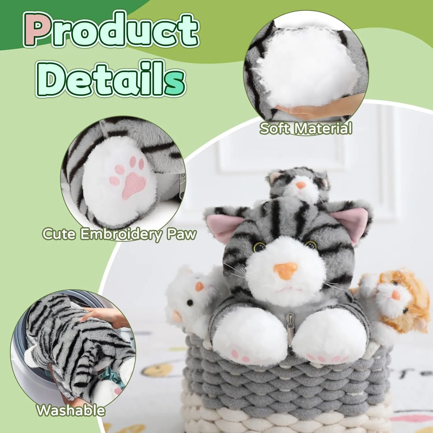 Muiteiur 15.7 Inch Cat Stuffed Animal with Babies, 1 Mom & 3 Baby Kittens with Portable Zipper Storage Pouch, Cuddly Stuffed Animal Toys for Kids, Girls, Boys