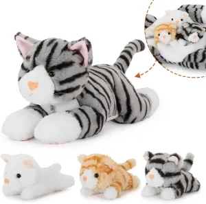 Muiteiur 15.7 Inch Cat Stuffed Animal with Babies, 1 Mom & 3 Baby Kittens with Portable Zipper Storage Pouch, Cuddly Stuffed Animal Toys for Kids, Girls, Boys
