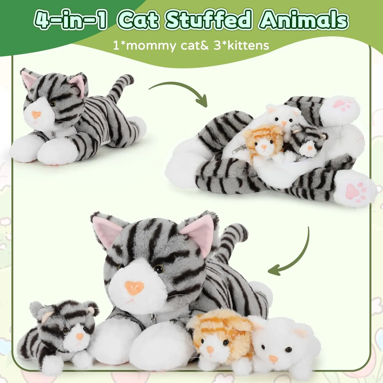 Muiteiur 15.7 Inch Cat Stuffed Animal with Babies, 1 Mom & 3 Baby Kittens with Portable Zipper Storage Pouch, Cuddly Stuffed Animal Toys for Kids, Girls, Boys