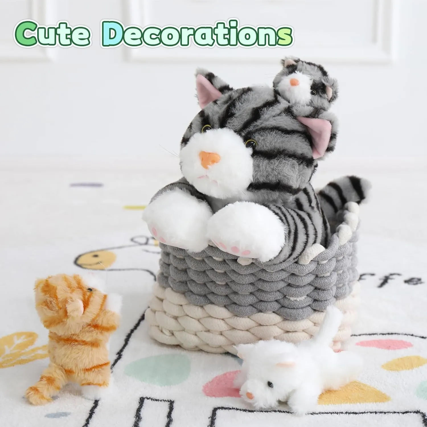 Muiteiur 15.7 Inch Cat Stuffed Animal with Babies, 1 Mom & 3 Baby Kittens with Portable Zipper Storage Pouch, Cuddly Stuffed Animal Toys for Kids, Girls, Boys