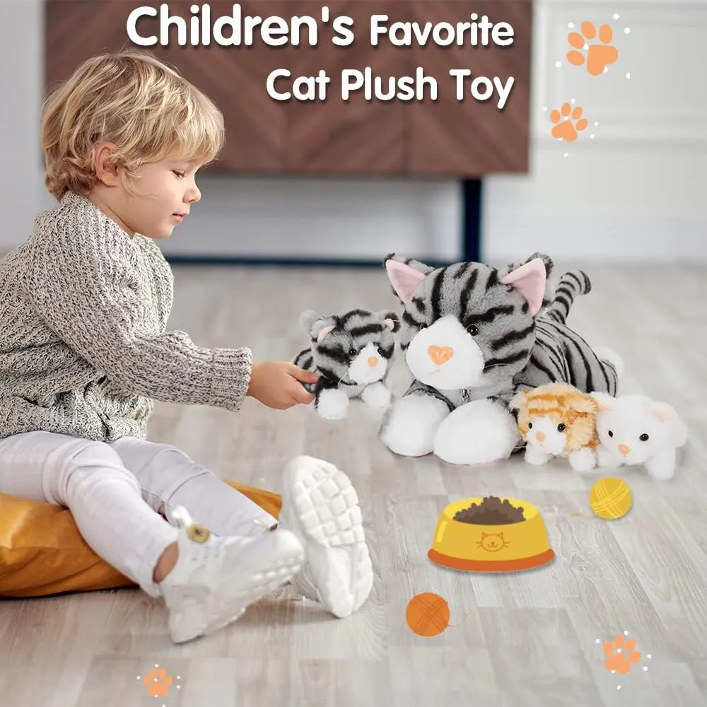 Muiteiur 15.7 Inch Cat Stuffed Animal with Babies, 1 Mom & 3 Baby Kittens with Portable Zipper Storage Pouch, Cuddly Stuffed Animal Toys for Kids, Girls, Boys