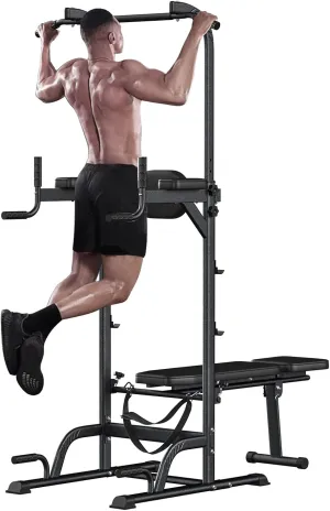 Multifunction Power Tower with Benches Pull Up Bar Dip Station for Home Gym Workout Strength Training Fitness Equipment Black