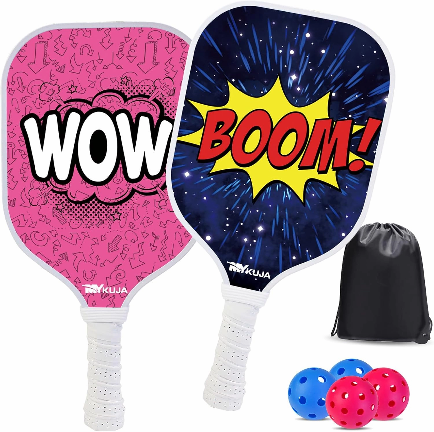 MYKUJA Kids Pickleball Paddles Set of 2 - Child Size Pickleball Set of 2 for Kids - Fiberglass Youth Pickle Ball Paddle Set with Bag - Pickleball Gifts for Children Under 12
