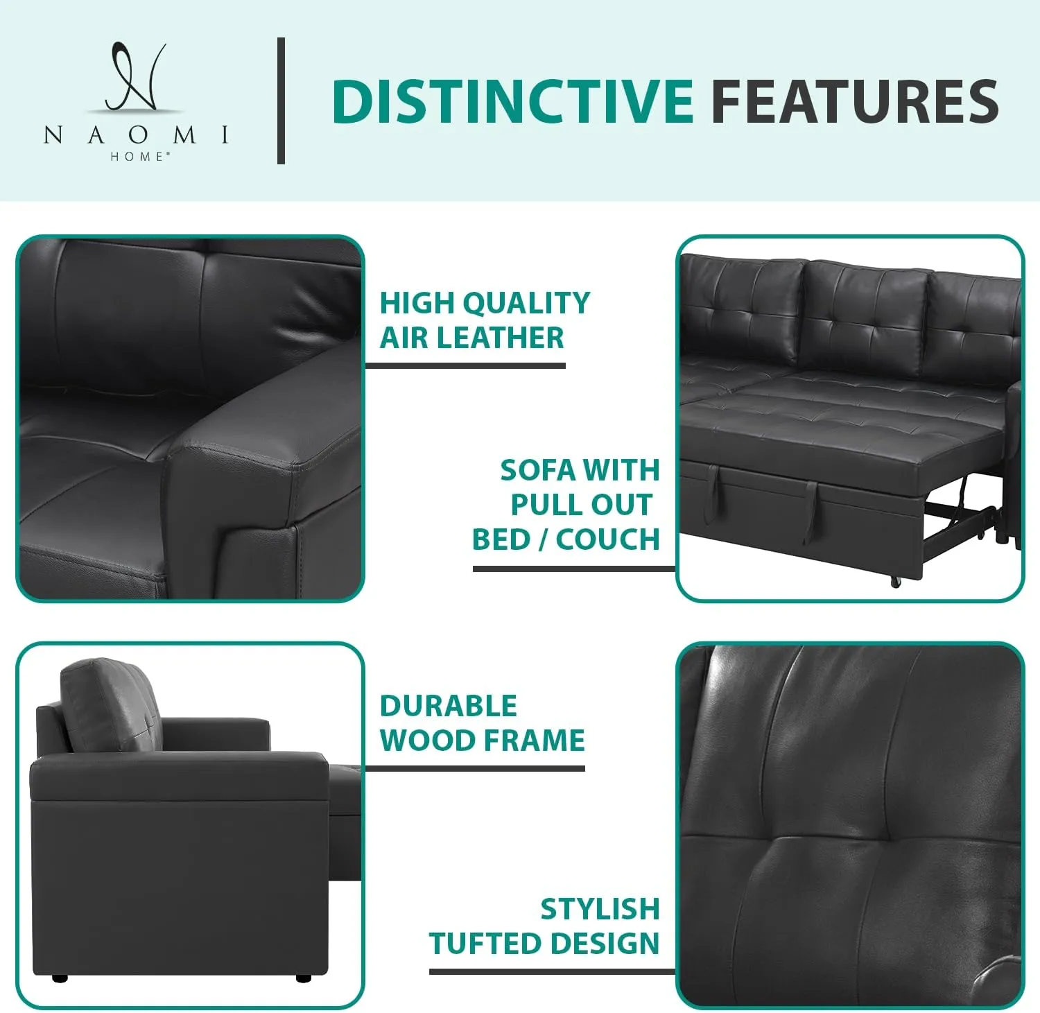 Naomi Home Jenny Sectional Sofa Sleeper with Storage Chaise, Tufted Pull Out Couch with Storage, Sectional Bed, L-Shaped Reversible Sleeper Sofa, Black,Air Leather
