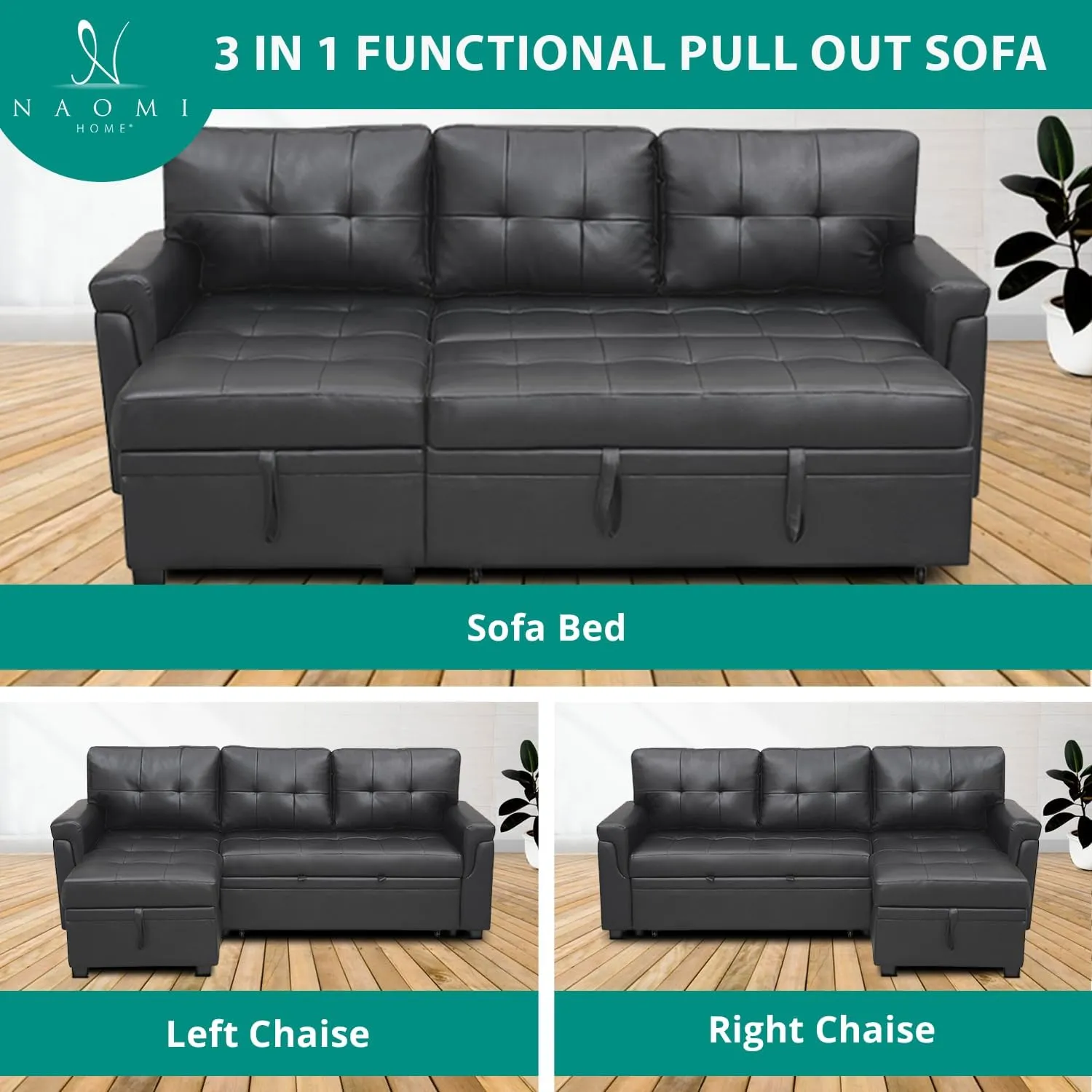 Naomi Home Jenny Sectional Sofa Sleeper with Storage Chaise, Tufted Pull Out Couch with Storage, Sectional Bed, L-Shaped Reversible Sleeper Sofa, Black,Air Leather