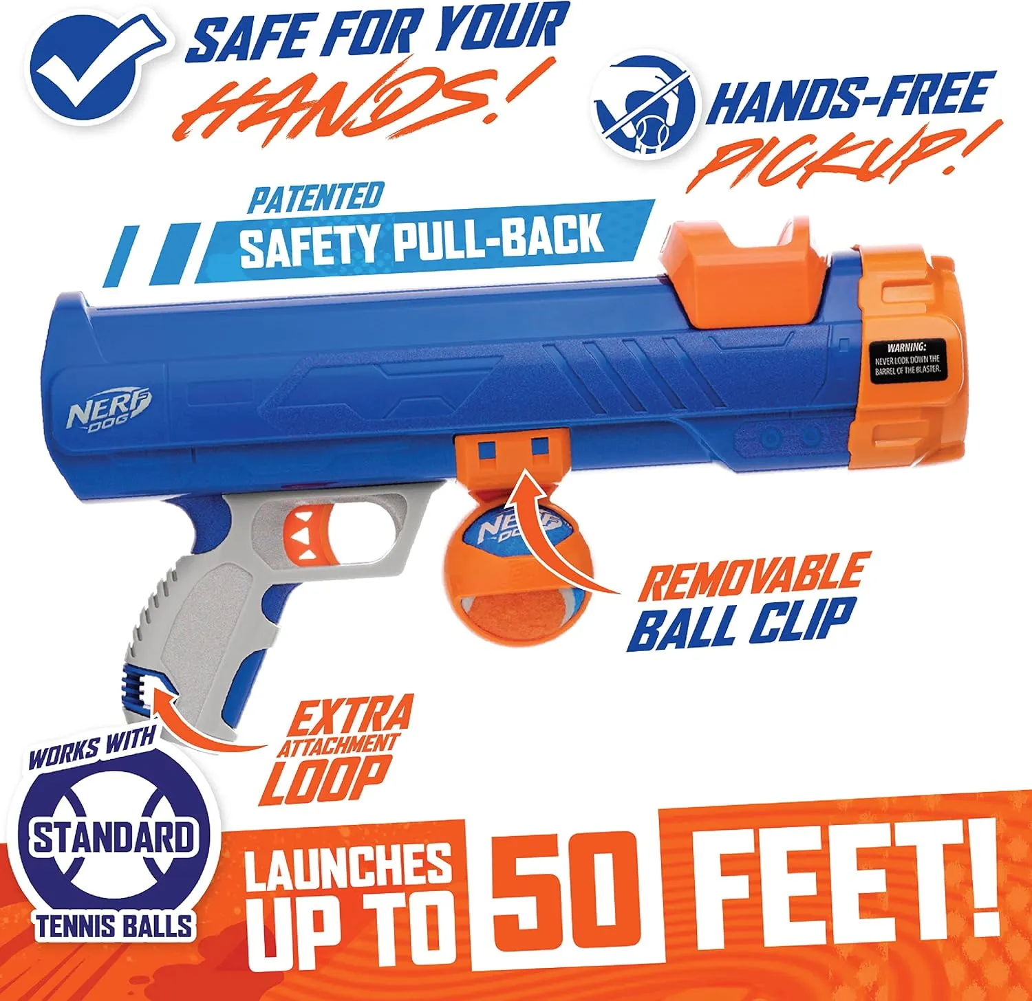 Nerf Dog Tennis Ball Blaster Dog Toy Blue/Orange, 16 Inch Compact Blaster with 1 Ball