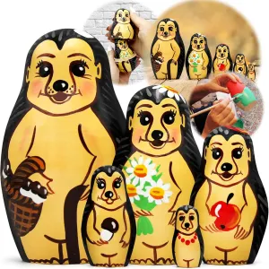 Nesting Dolls Hedgehogs Toys Set 5 pcs - Hedgehogs Animal Figurines Handmade Handpainted - Wooden Russian Matryoshka