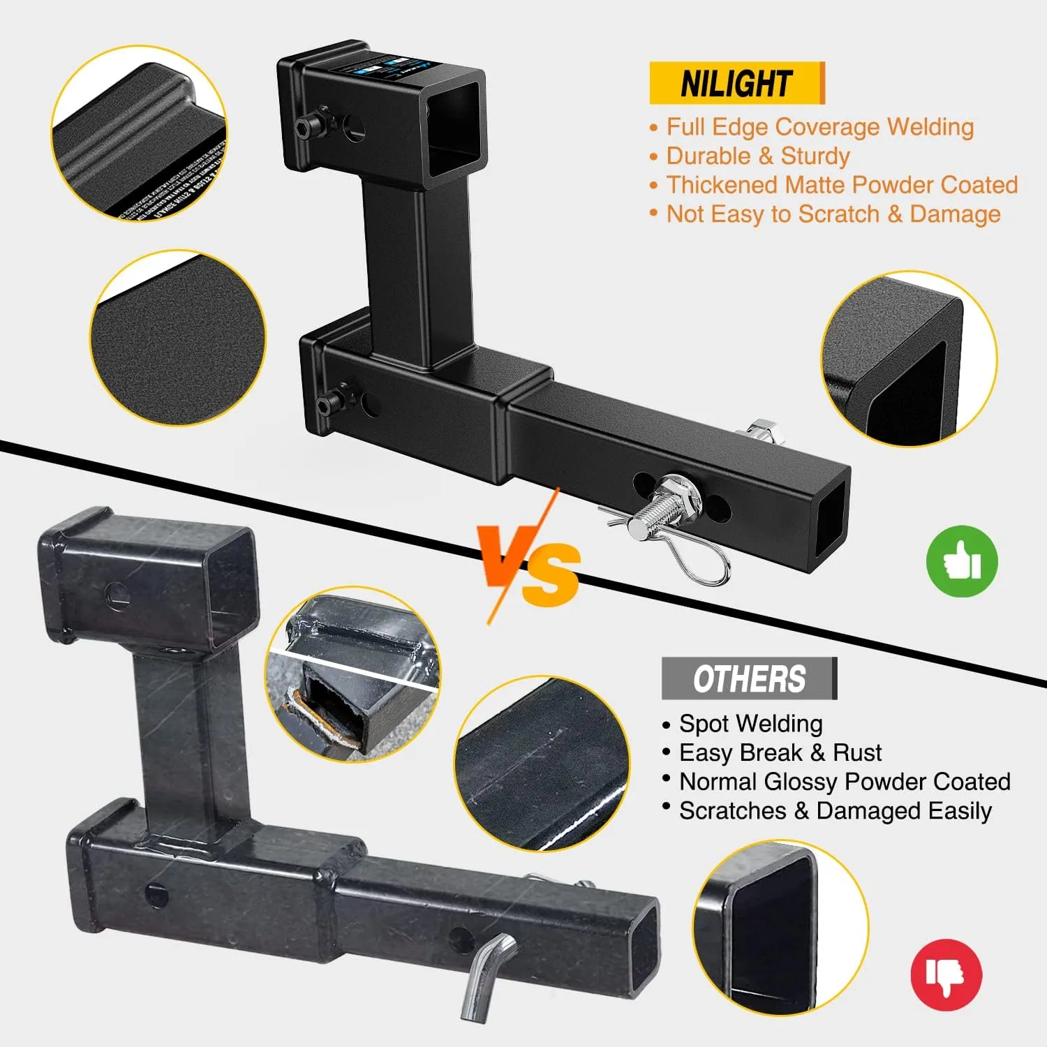 Nilight Dual Hitch Extension with Bolt Nut Kit Fits for 2 inch Receiver Extender to 10" Max Length Adjust 7-1/2 inch Riser or Drop 4,000 lbs GTW