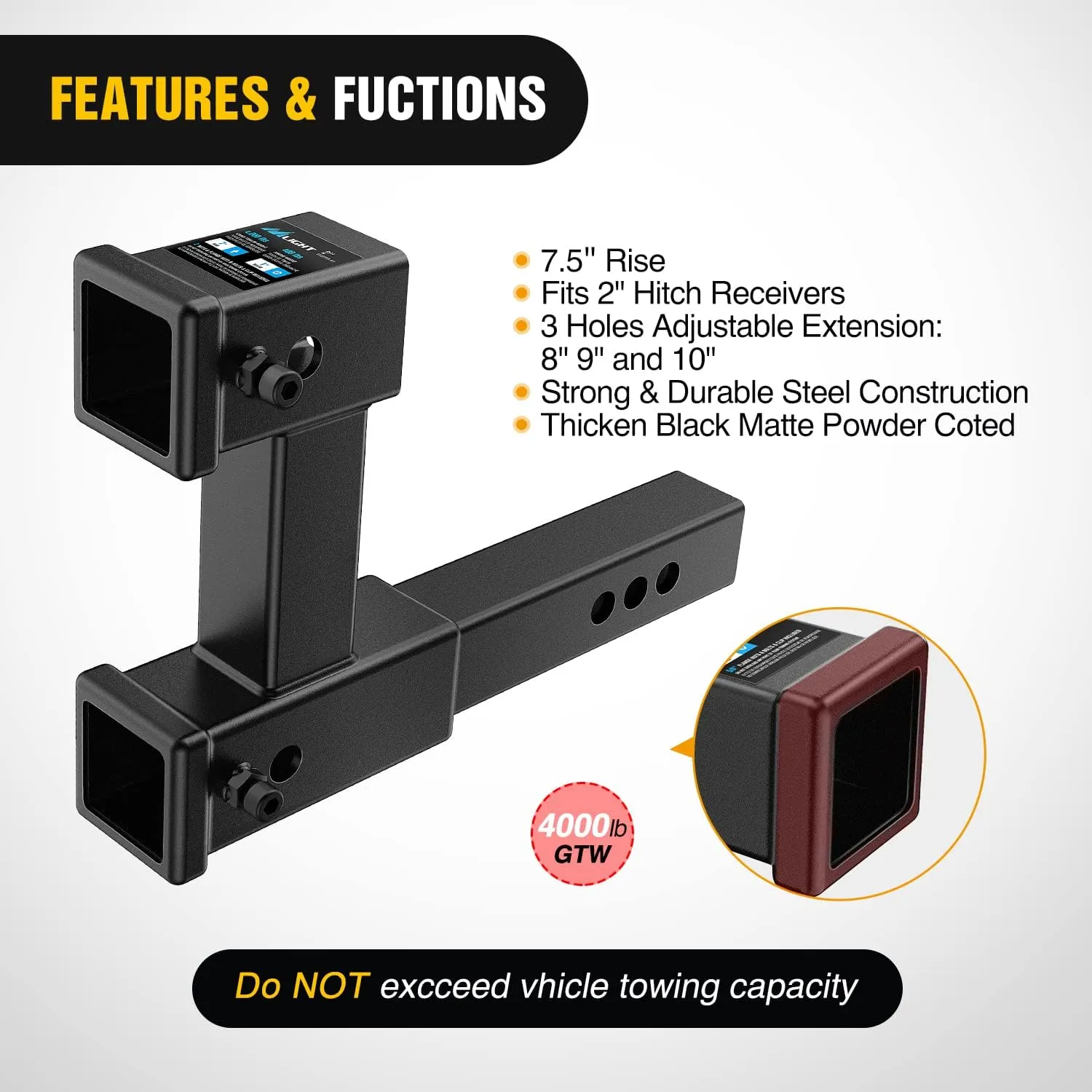 Nilight Dual Hitch Extension with Bolt Nut Kit Fits for 2 inch Receiver Extender to 10" Max Length Adjust 7-1/2 inch Riser or Drop 4,000 lbs GTW