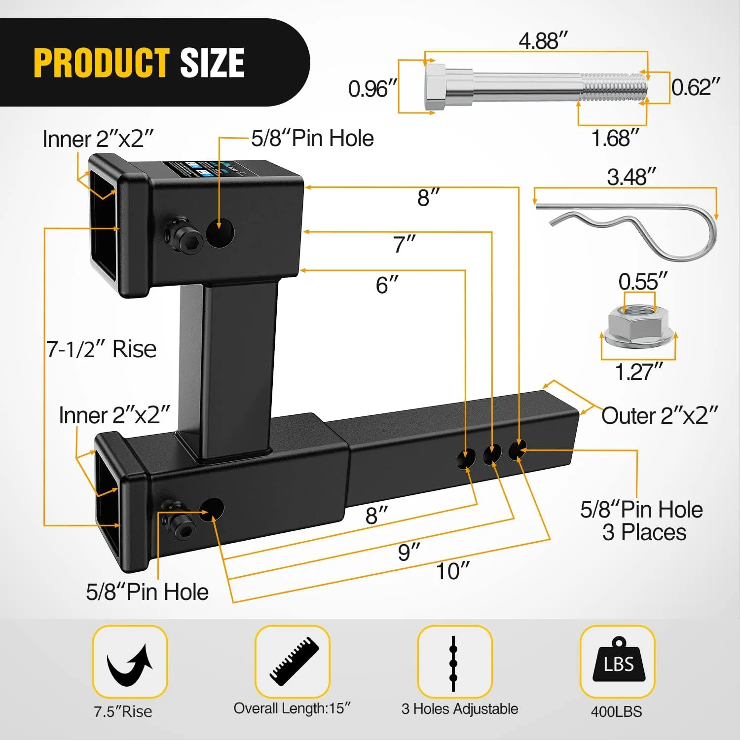 Nilight Dual Hitch Extension with Bolt Nut Kit Fits for 2 inch Receiver Extender to 10" Max Length Adjust 7-1/2 inch Riser or Drop 4,000 lbs GTW