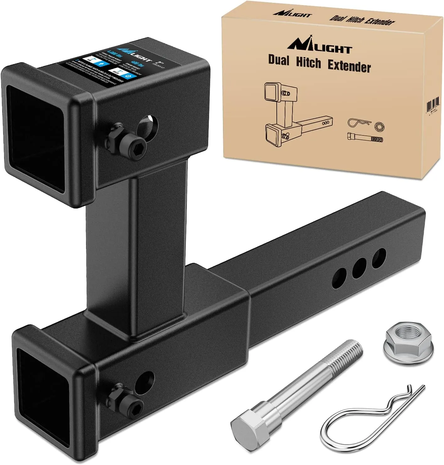 Nilight Dual Hitch Extension with Bolt Nut Kit Fits for 2 inch Receiver Extender to 10" Max Length Adjust 7-1/2 inch Riser or Drop 4,000 lbs GTW
