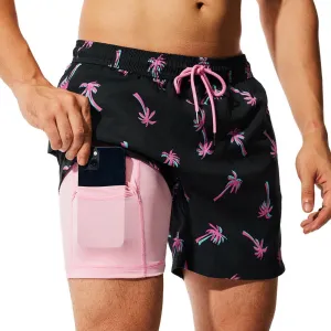 NIMENJOJA Mens 5" Swim Trunks with Compression Liner Stretch Board Shorts Quick Dry Zipper Pockets Beach Shorts