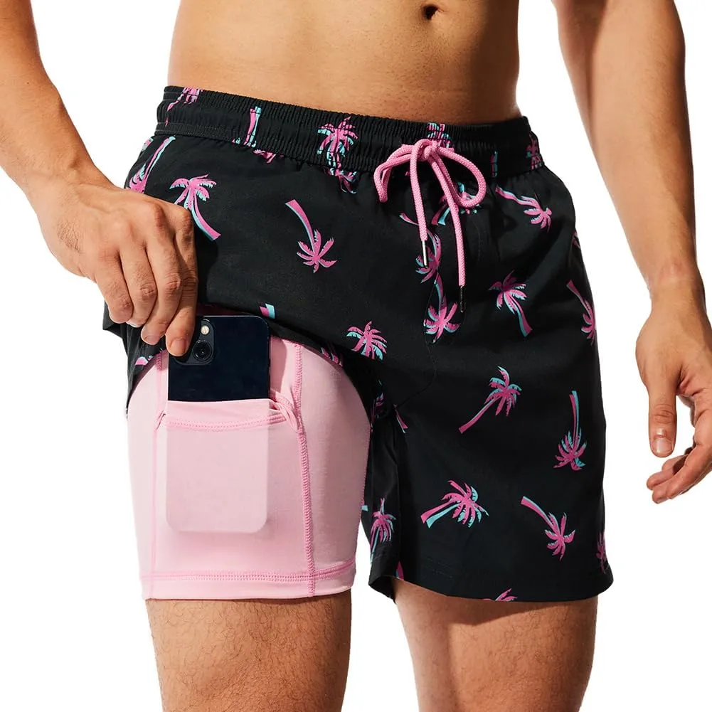 NIMENJOJA Mens 5" Swim Trunks with Compression Liner Stretch Board Shorts Quick Dry Zipper Pockets Beach Shorts